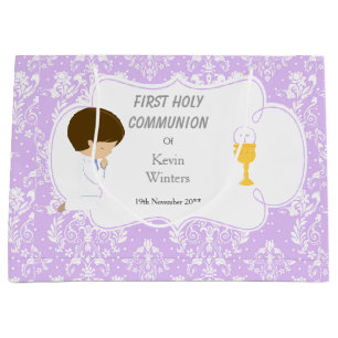 First Communion Brünett Hair Boy Vielen Dank Große Geschenktüte