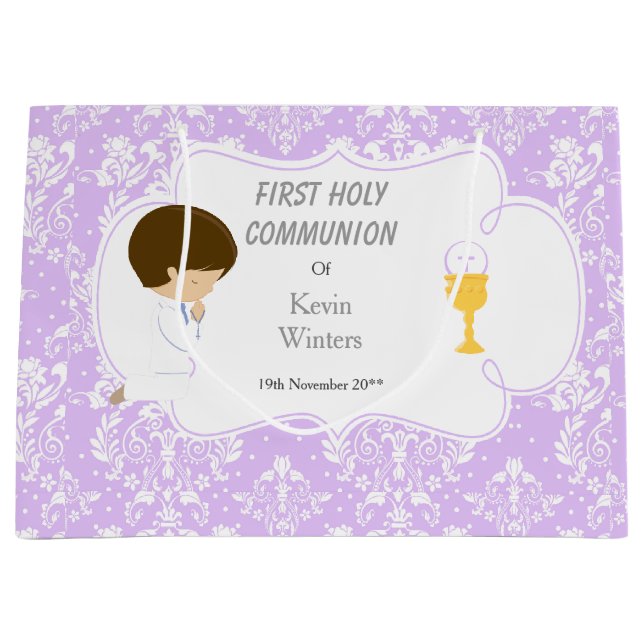 First Communion Brünett Hair Boy Vielen Dank Große Geschenktüte (Vorderseite)