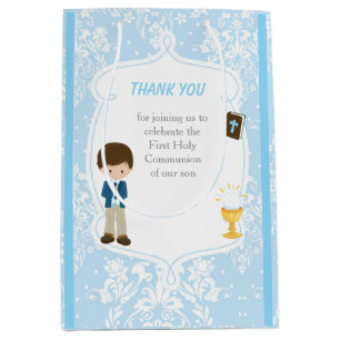 First Communion Brünett Hair Boy Vielen Dank Mittlere Geschenktüte