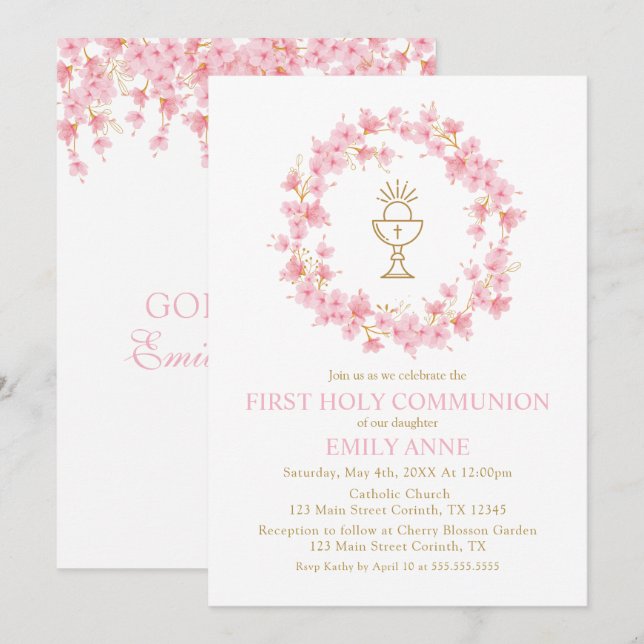 First Communion Cherry Blossom floral Invitation  Einladung (Vorne/Hinten)
