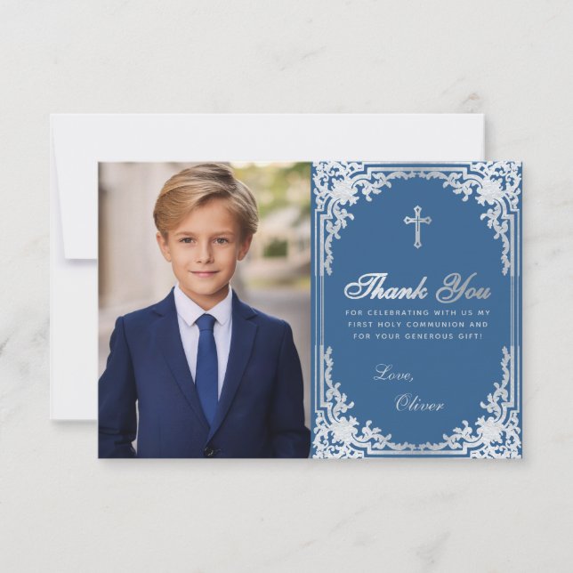First Communion Classic Blue Boy Foto Vintag Dankeskarte (Vorderseite)
