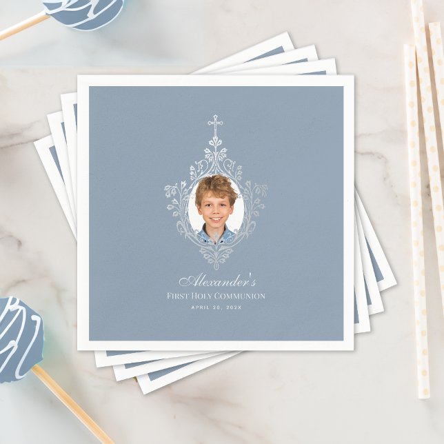 First Communion Dusty Blue Elegant Boy Foto Serviette (Von Creator hochgeladen)
