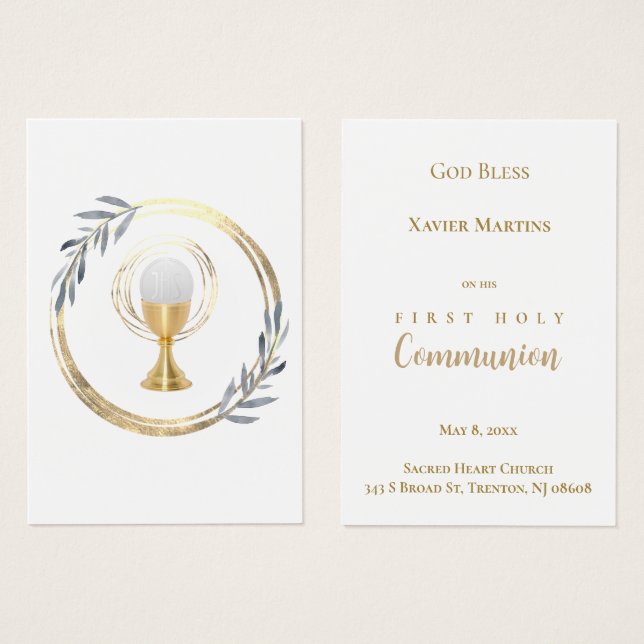 First Communion dusty blue leaves remembrance card (Vorne & Hinten)