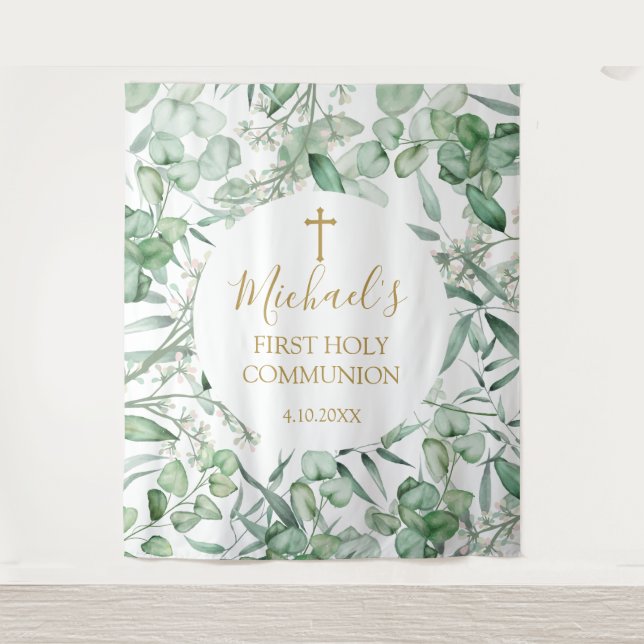First Communion Eucalyptus greenery backdrop Wandteppich (Vorderseite)