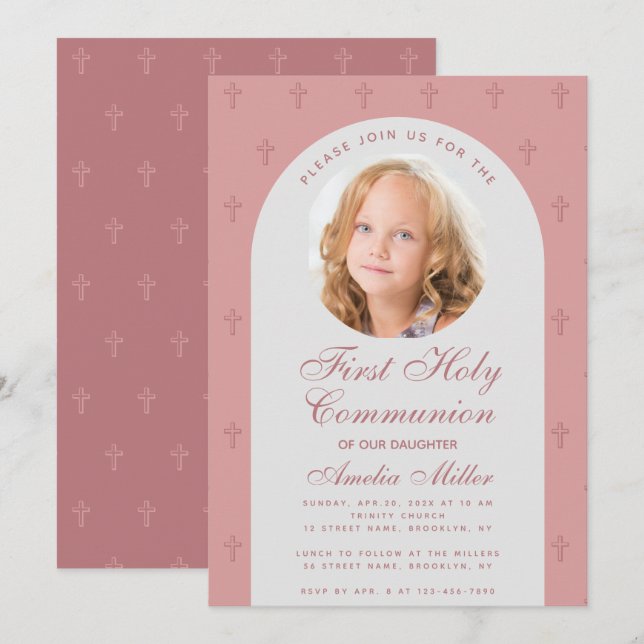 First Communion Girl Foto Dusty Rose Arch Modern Einladung (Vorne/Hinten)