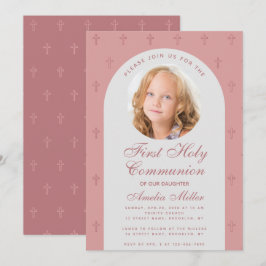 First Communion Girl Foto Dusty Rose Arch Modern Einladung