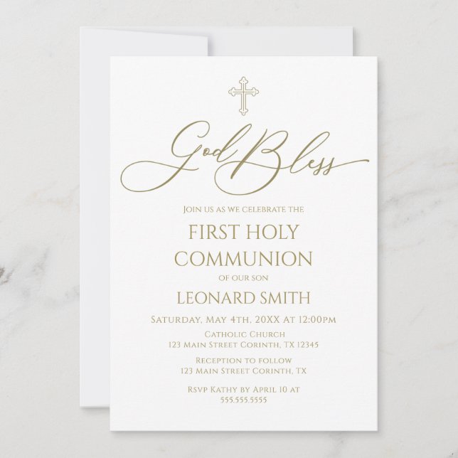 First Communion God Bless gold Invitation (Devant)