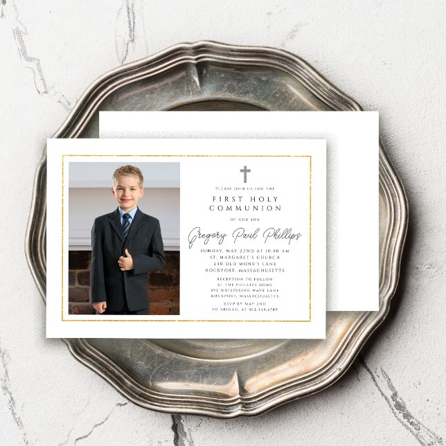 First Communion Gold Frame Minimalistisch Boy Foto Einladung (Von Creator hochgeladen)