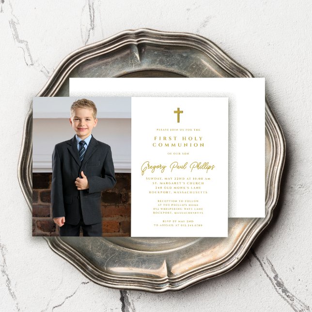 First Communion Gold White Minimalistisch Boy Foto Einladung (Von Creator hochgeladen)