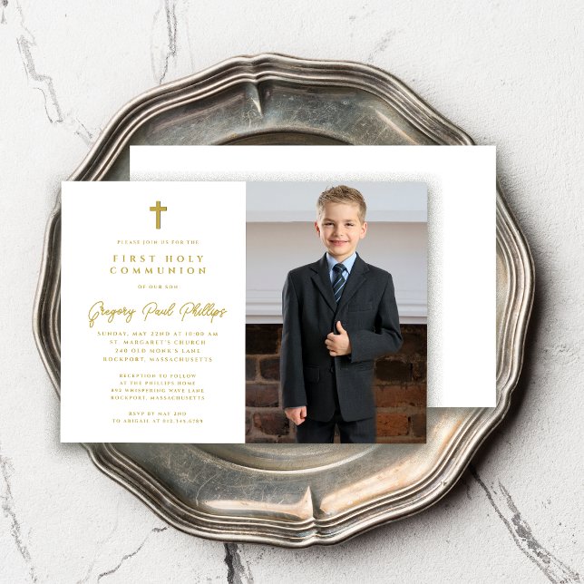 First Communion Gold White Minimalistisch Boy Foto Einladung (Von Creator hochgeladen)