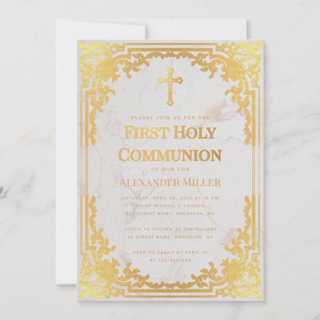 First Communion Imitate Gold Vintage Elegante Marm Einladung (Vorderseite)