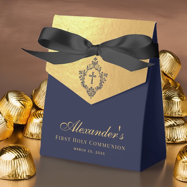 First Communion Navy Blue Faux Gold Elegant Crest Geschenkschachtel (Von Creator hochgeladen)