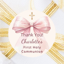 First Communion pink bow ivory cross thank you