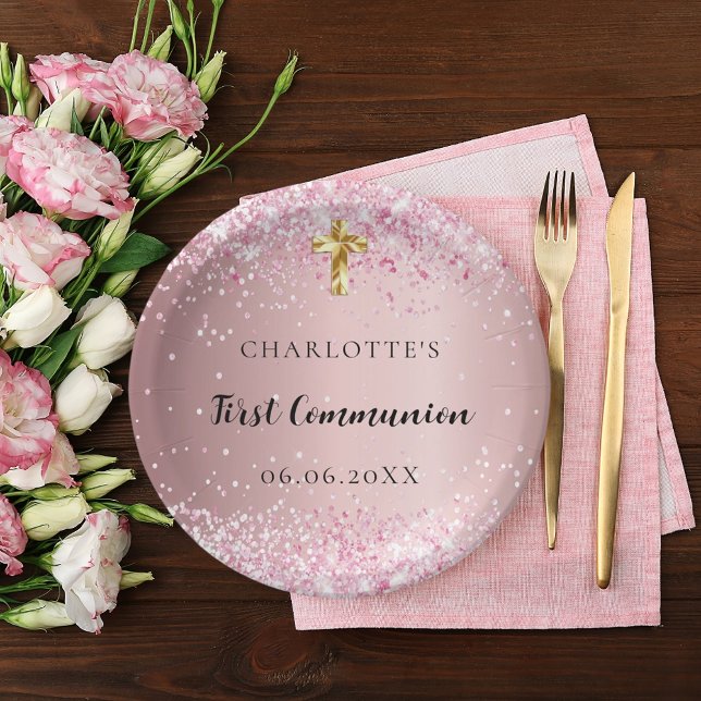 First Communion pink confetti name girl Pappteller (Von Creator hochgeladen)