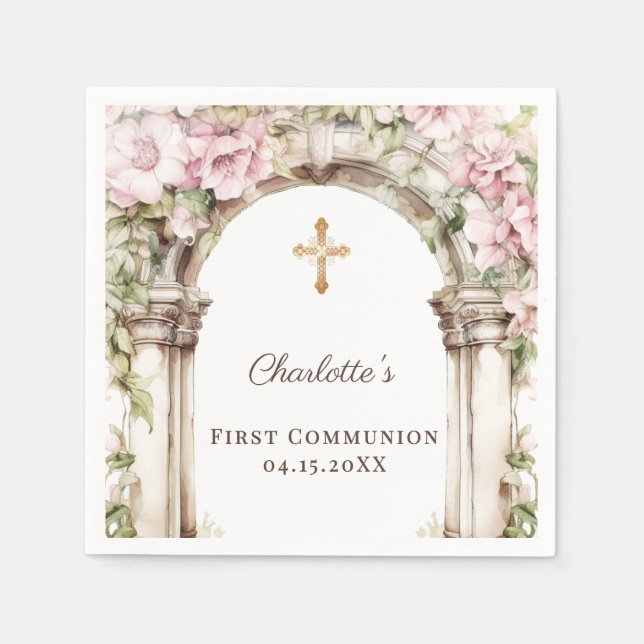 First Communion Pink Florals Arch Cross Luncheon Serviette (Vorderseite)