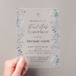 First Communion small blue watercolor flowers Acryleinladungen