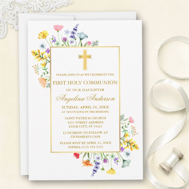 First Communion Watercolor Wildflowers Gold  Einladung (Customize to change text size, text style or color.)