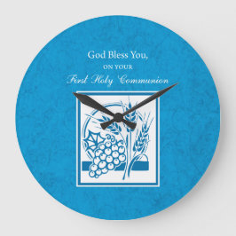 First Communion, Wheat, Grapes Blue Große Wanduhr