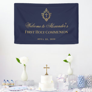 First Communy Boy Navy Blue Gold Vintages Wappen Banner