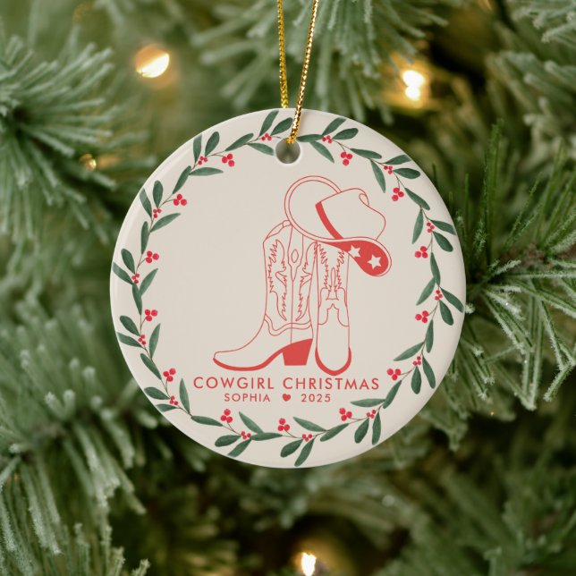 First Cowgirl Weihnachten Niedlich Cowboy Stiefel Keramik Ornament (Baum)