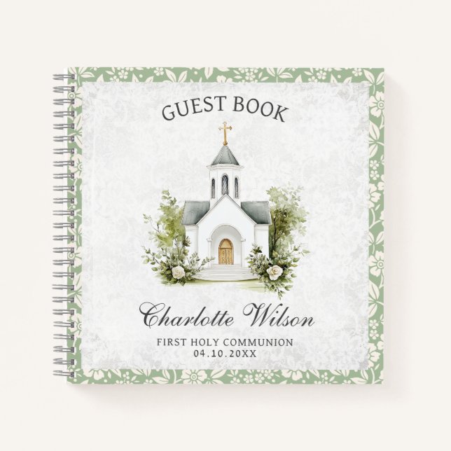 First Holly Communion Floral Church Guest Book Notizbuch (Vorderseite)
