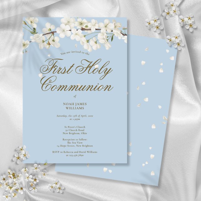 First Holy Communion Blossom Floral Elegant Einladung (First Holy Communion Blossom Floral Elegant Blue Invitation)