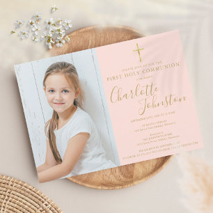 First Holy Communion Blush Pink Gold Script Photo Einladung