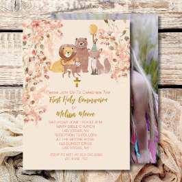 First Holy Communion Boho Safari Blush Pink Photo Einladung