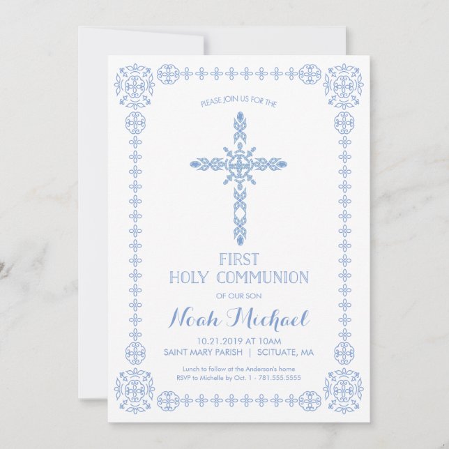 First Holy Communion Boys Invitation Elegant Cross (Devant)