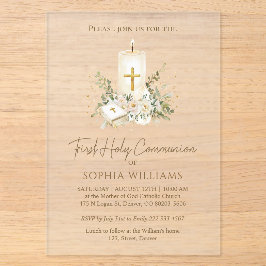 First Holy Communion Candle Bible Greenery Acryleinladungen