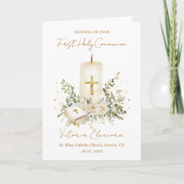 First Holy Communion Candle Bible Greenery Leaves Karte