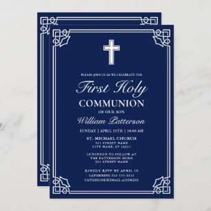 First Holy Communion Elegant Woven Frame Navy Blue Einladung