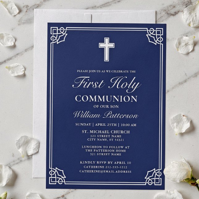 First Holy Communion Elegant Woven Frame Navy Blue Einladung (Von Creator hochgeladen)