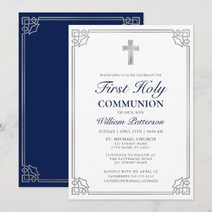 First Holy Communion Elegant Woven Silver Frame Einladung