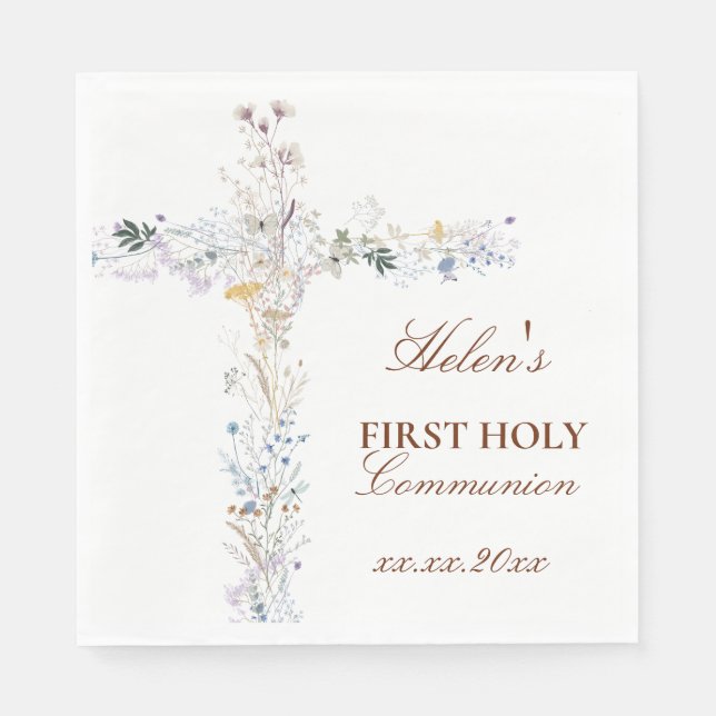 First Holy Communion floral cross Serviette (Vorderseite)