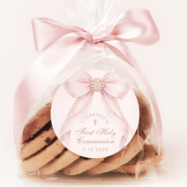 First Holy Communion Gold Cross Pink Bow Runder Aufkleber (Von Creator hochgeladen)