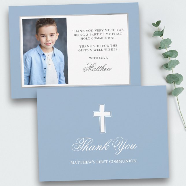 First Holy Communion Light Blue Photo Dankeskarte (Customize to change text size, color or text style.)