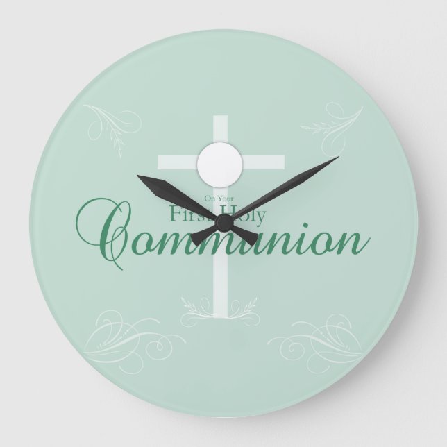 First Holy Communion, Script in Soft Green Große Wanduhr (Vorderseite)