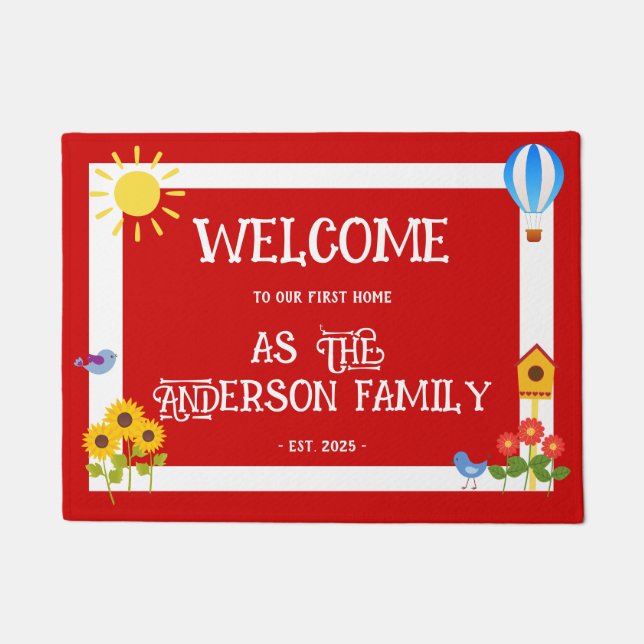 First Home Welcome Typography Sunflower Red White Fußmatte (Vorderseite)