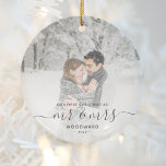 First Married Christmas Custom Photo Gray Script Keramik Ornament<br><div class="desc">Commemorate the first Christmas of your marriage with this beautiful modern keepsake ornament. The charcoal gray text reads "Our first Christmas as Mr & Mrs, " with the words "Mr & Mrs" in elegant handwriting script with flourishes before and after. Replace the sample image with your favorite photo, and add...</div>