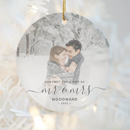 First Married Christmas Custom Photo Gray Script Keramik Ornament