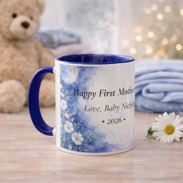 First Mother’s Day Moon Floral Blue Personalized Tasse (Von Creator hochgeladen)