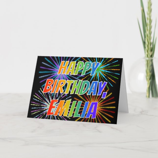 First Name "EMILIA" Fun "HAPPY BIRTHDAY" Karte (Vorderseite)