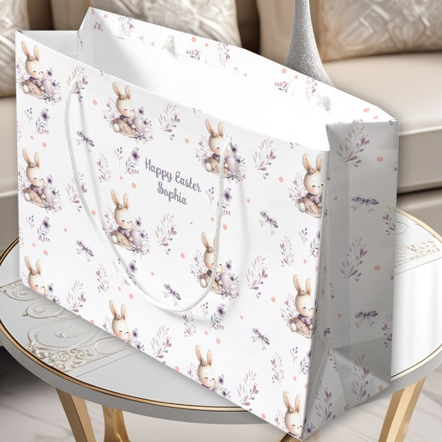 First Oaster Girl Bunny Personalisiert Name Lila Große Geschenktüte (First Easter Girl Bunny Personalized Name Purple Large Gift Bag)