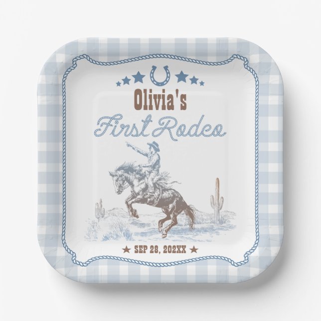 First Rodeo 1st Birthday Blue Western Pappteller (Vorderseite)