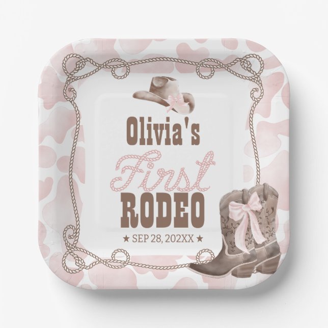 First Rodeo 1st Birthday Dusty Pink Pappteller (Vorderseite)