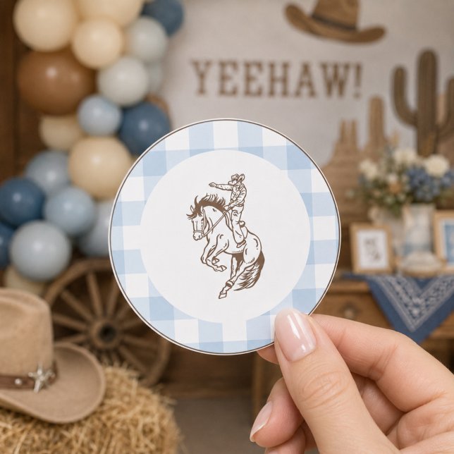 First Rodeo Cowboy Blau Gingham Vornehm  Runder Aufkleber (Von Creator hochgeladen)