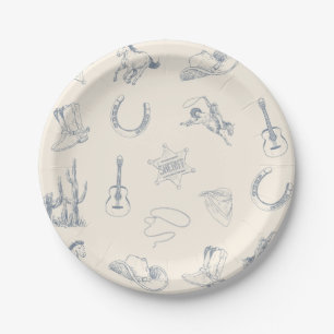 First Rodeo Cowboy Western Birthday Blue Neutral Pappteller