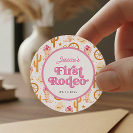 First Rodeo Cowgirl Pink 1st Birthday Party Runder Aufkleber