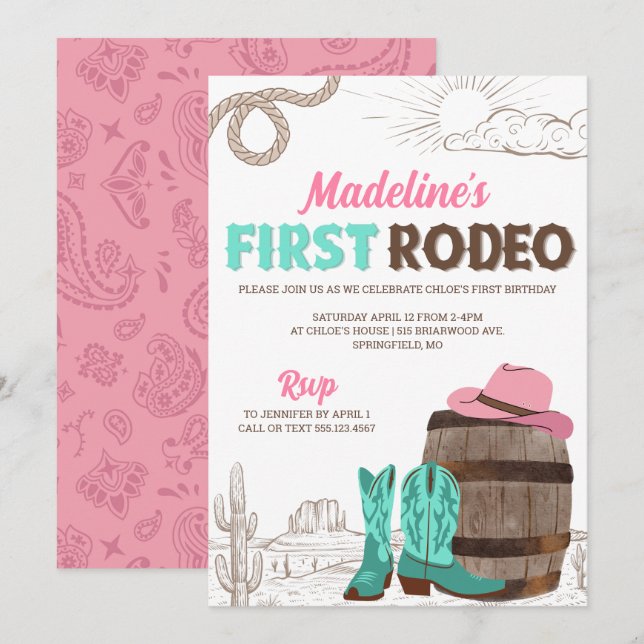First Rodeo Girls Western Erstgeburt Einladung (Vorne/Hinten)